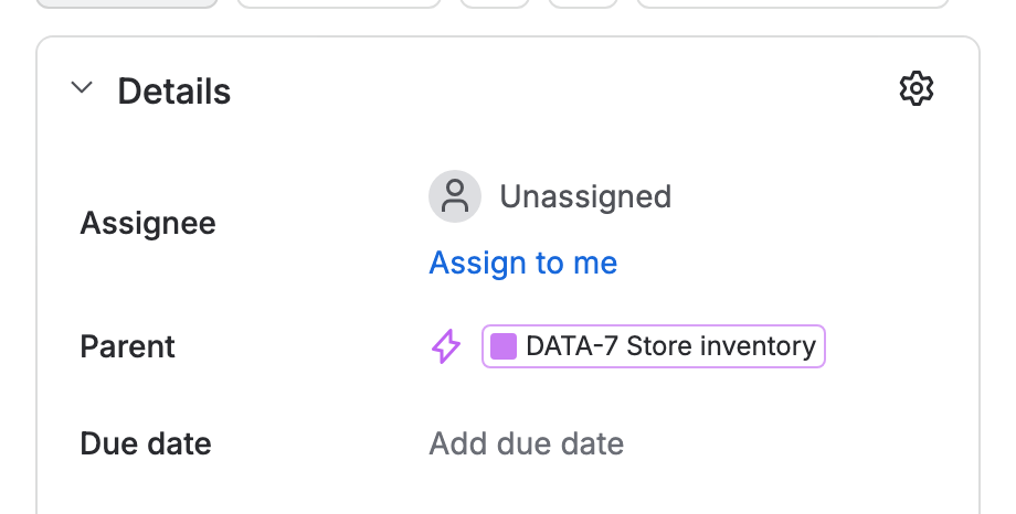 The Details column of the story DATA-10, Store inventory API, which blocks STOR-18: the assignee is Unassigned, its parent is DATA-7 Store inventory, and the due date reads “Add due date”.