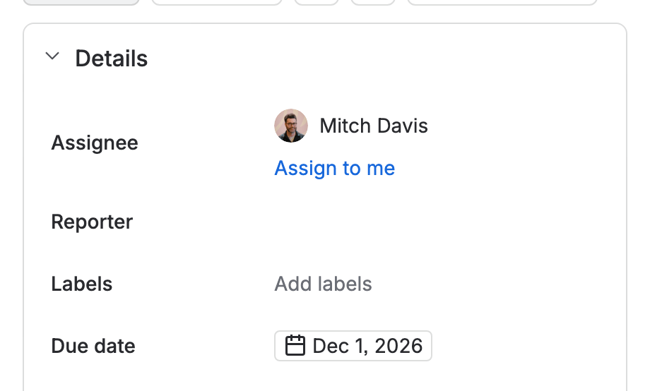 The Details column of the epic STOR-1, Holiday checkout: assignee Mitch Davis, labels not set, and the Due date set to Dec 1, 2026.