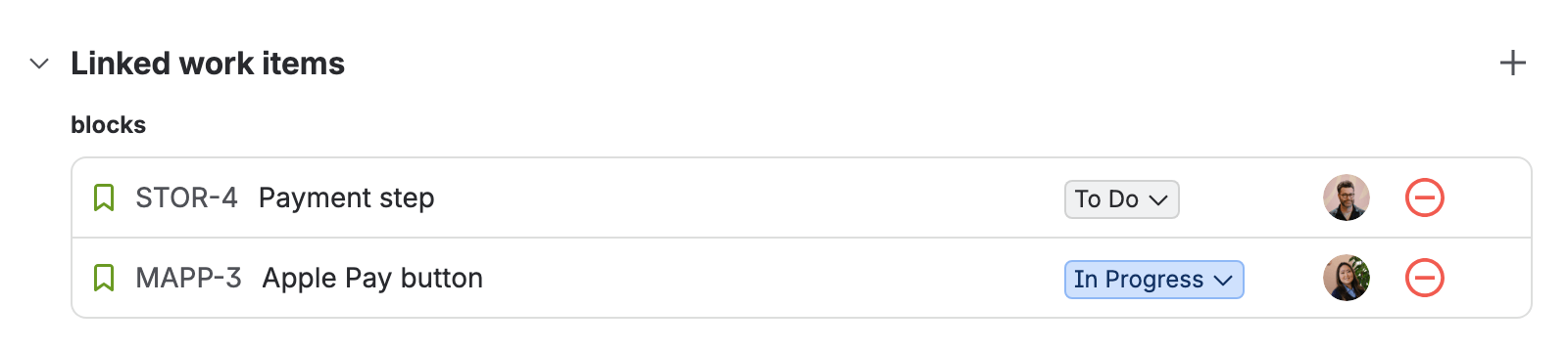 The Linked work items section of PAYC-3, Refund API, under the heading “blocks”: STOR-4 Payment step, To Do, and MAPP-3 Apple Pay button, In Progress, each with its assignee and an unlink button.