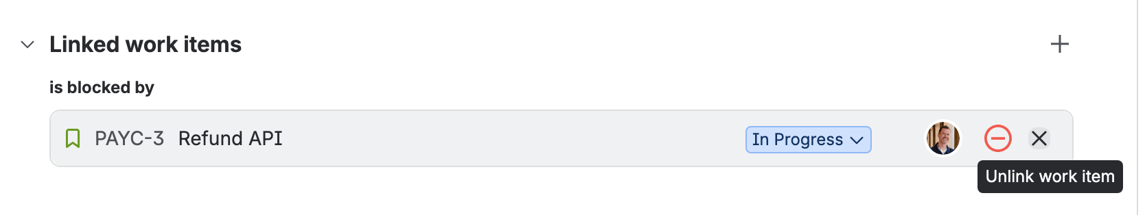 The Linked work items section of STOR-4 with the pointer on its only link, “is blocked by” PAYC-3 Refund API: Jira draws an X button with the tooltip “Unlink work item”.