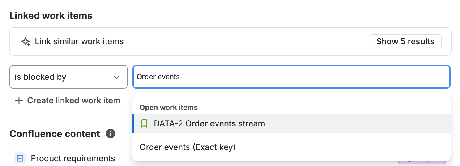 The link form on STOR-8 with the type set to “is blocked by” and “Order events” typed in the search box: the list offers DATA-2 Order events stream under Open work items.