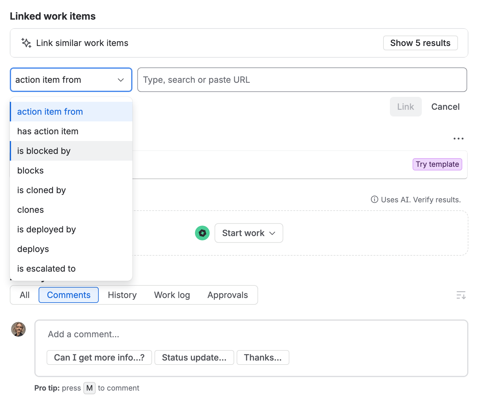 The link form under Linked work items on STOR-8 with the link type list open: action item from, has action item, is blocked by (picked), blocks, is cloned by, clones, is deployed by, deploys and is escalated to. Beside it, the search box, with Link and Cancel under it.