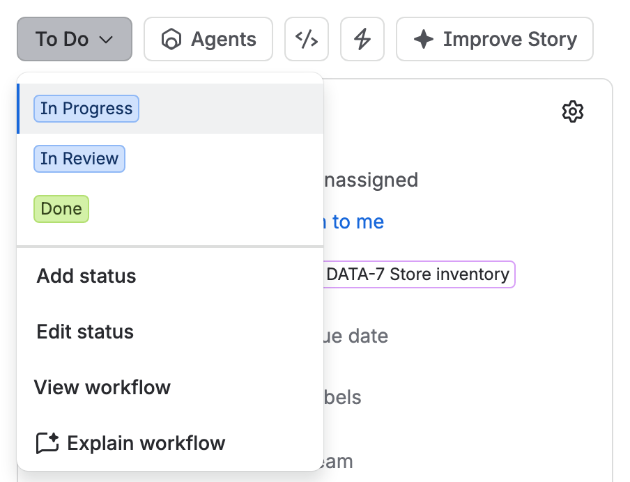 The status button of DATA-10 pressed, To Do: the menu offers In Progress, In Review and Done, then Add status, Edit status, View workflow and Explain workflow.
