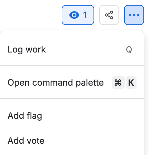 Jira’s More actions menu, three dots at the top right of a work item, open: Log work is the first item, then Open command palette, Add flag and Add vote.