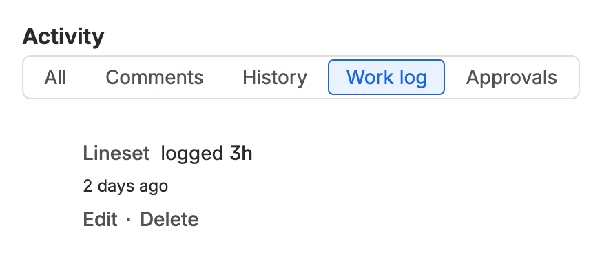 A work item’s Activity section with the Work log tab picked: one worklog, logged 3h two days ago, with Edit and Delete under it.