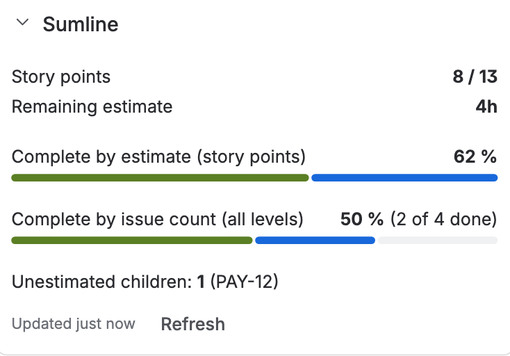 The Sumline group in the right-hand column of a Jira epic: 8 of 13 story points, 4h remaining, progress by estimate and by issue count, and one unestimated child by key.