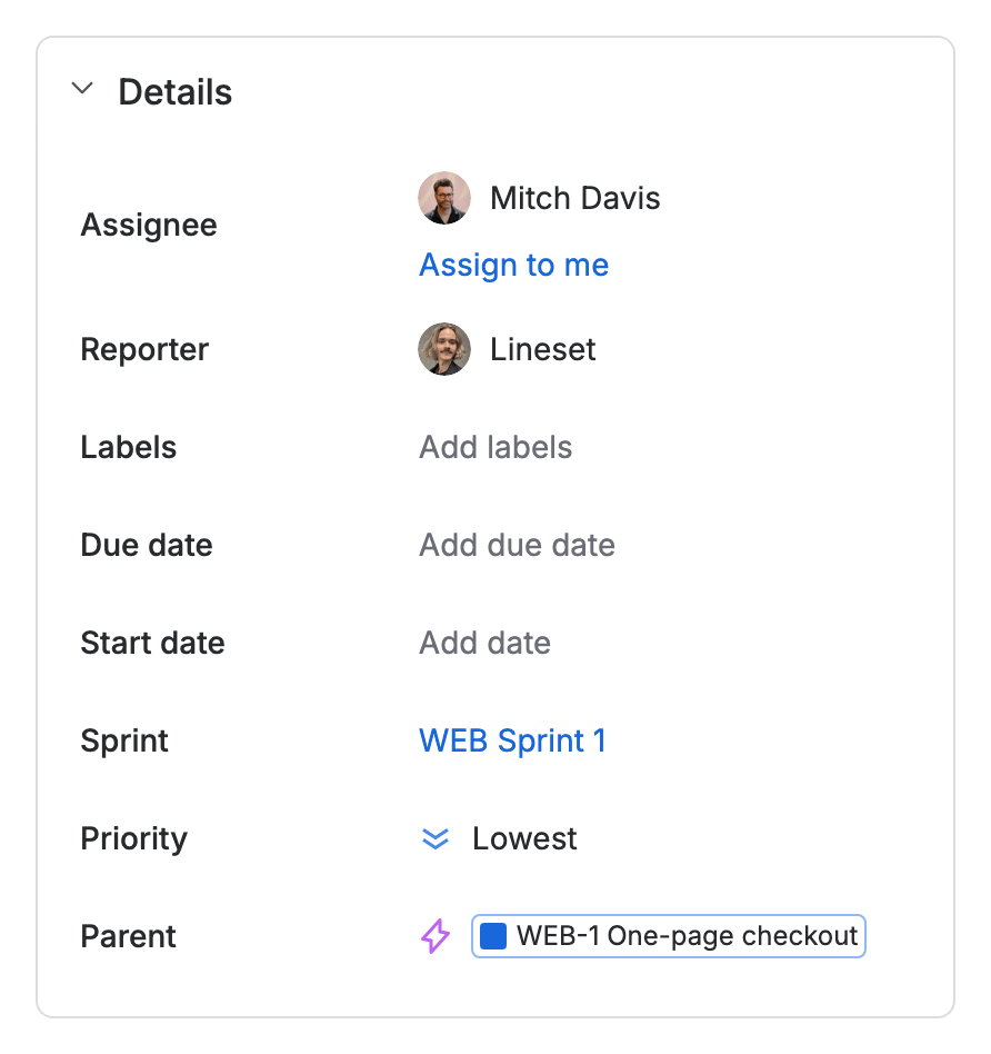 The Details column of WEB-12 with its Parent field at the foot: WEB-1 One-page checkout.