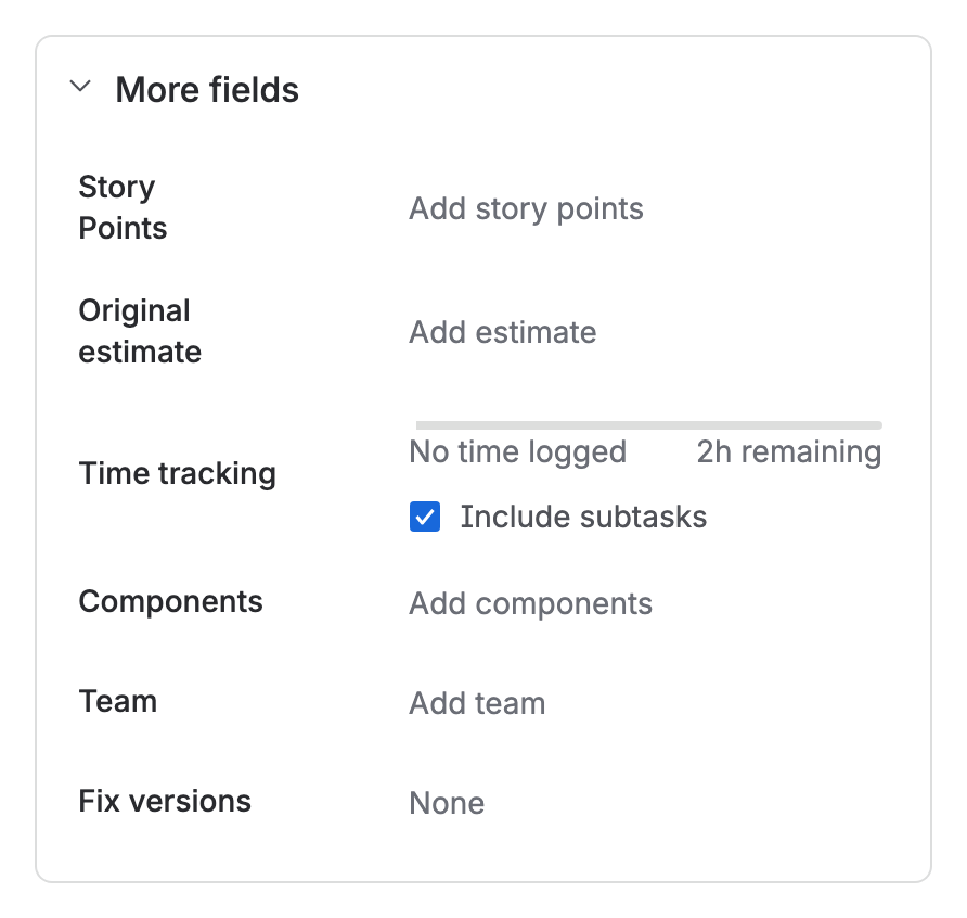 WEB-12’s More fields group, open: Story Points reads “Add story points”, with Original estimate and Time tracking under it.