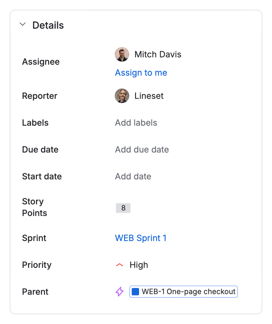 The Details column of WEB-9: Story Points shows 8, between Start date and Sprint, with Parent at the foot.