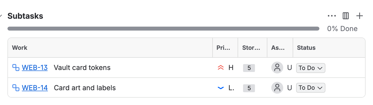 The Subtasks section of WEB-12: a progress bar and two subtasks, WEB-13 Vault card tokens and WEB-14 Card art and labels.