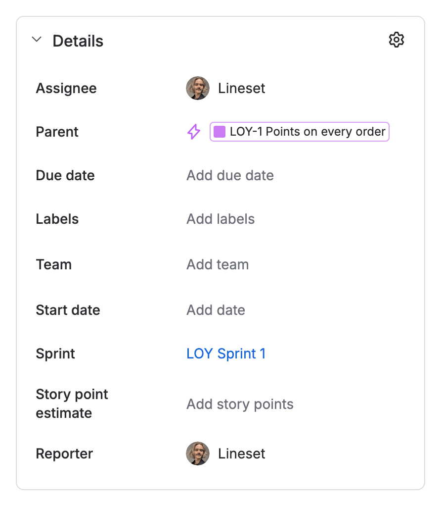 The Details column of LOY-9 in the team-managed space Loyalty: the field is named Story point estimate and reads “Add story points”.