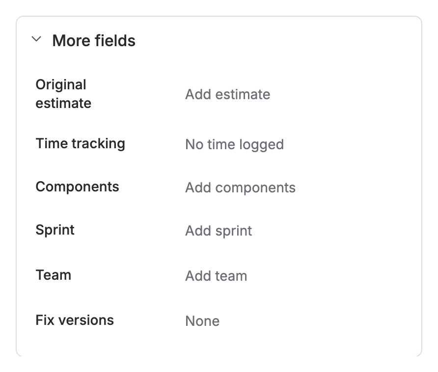 WEB-17’s More fields group, open: Original estimate reads “Add estimate” and Time tracking reads “No time logged”.