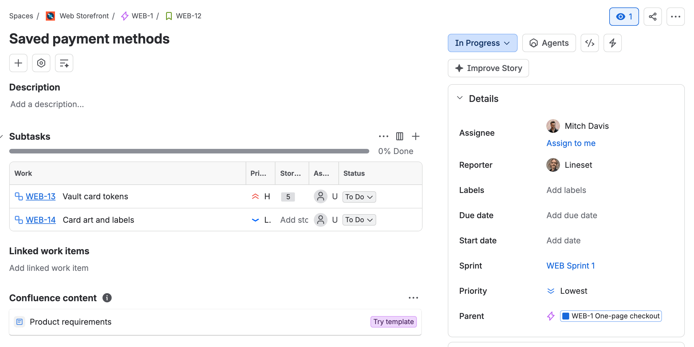 The work item WEB-12, Saved payment methods, in Jira: its title and two subtasks on the left, the Details column on the right.