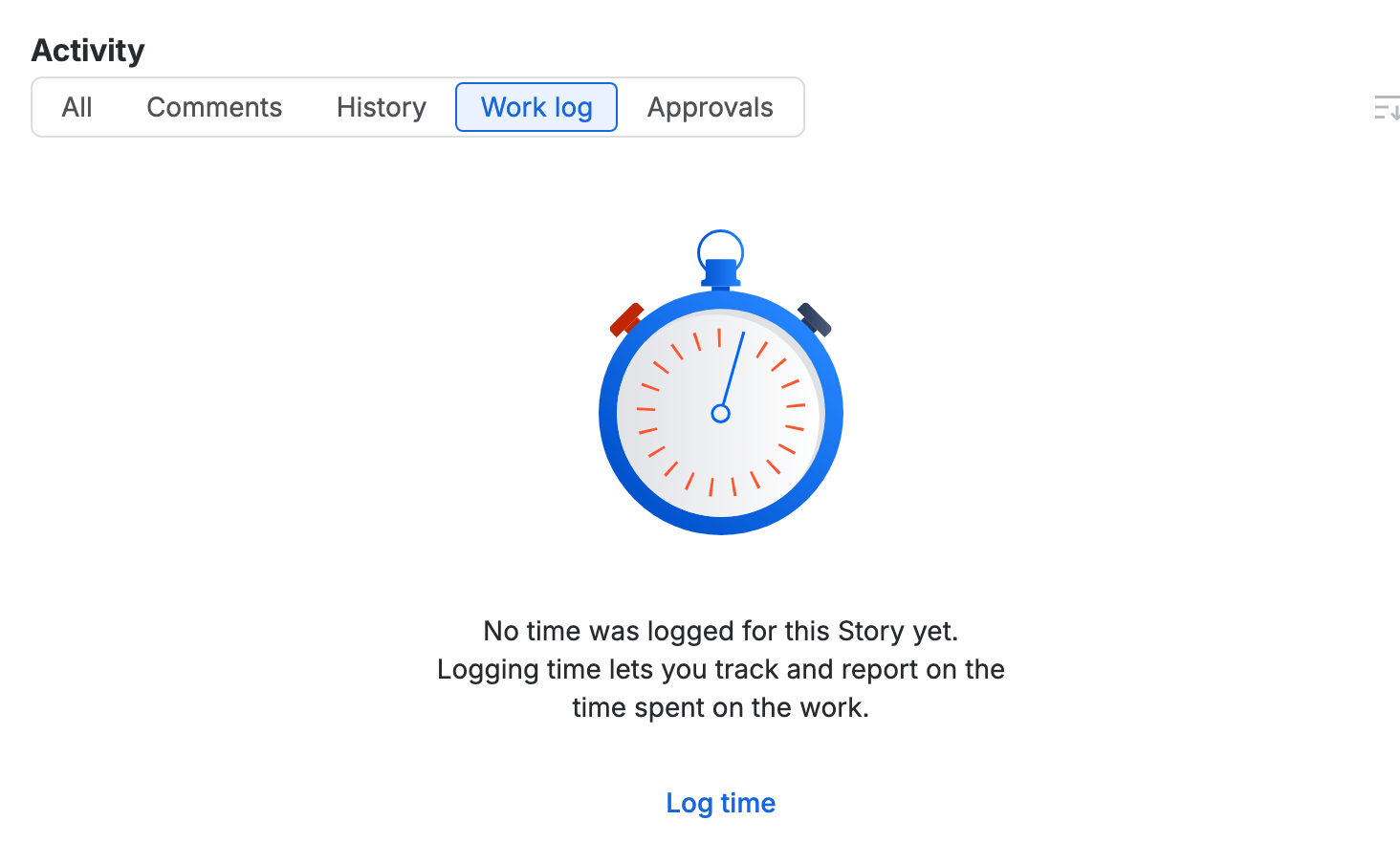 The Work log tab of a work item with nothing logged: “No time was logged for this Story yet” and a Log time link.